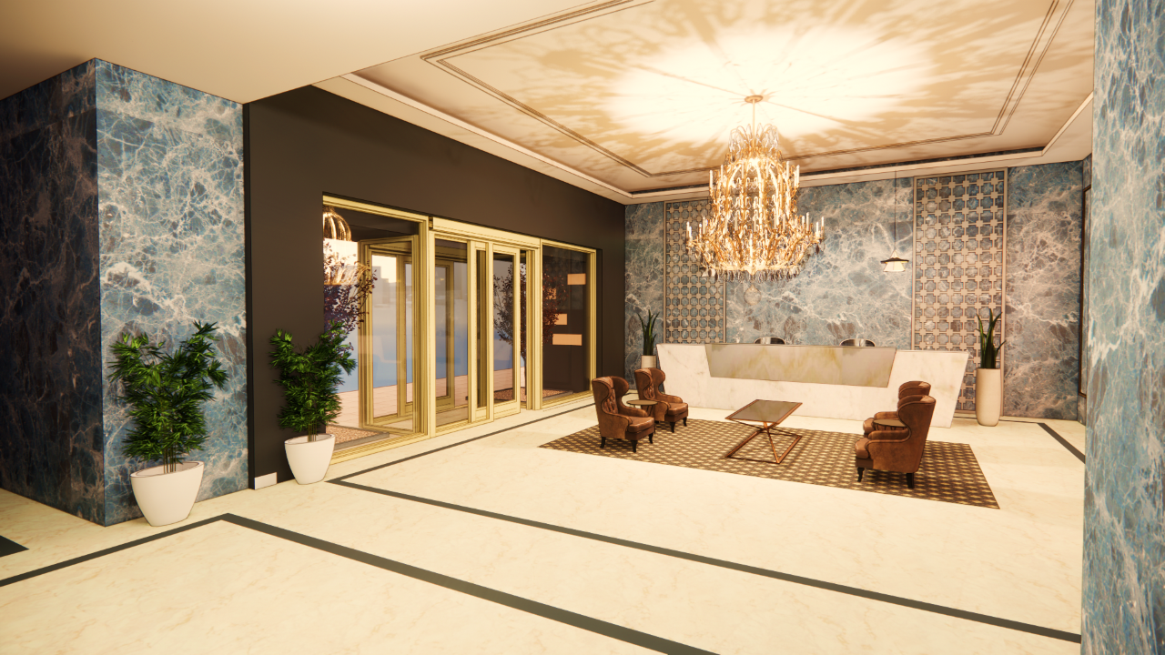 render of a sliding interlock door in a luxury hotel lobby