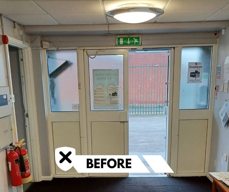 Before — external uPVC entrance with uneven leafs and restricted access at Auckland Hall, Solihull.