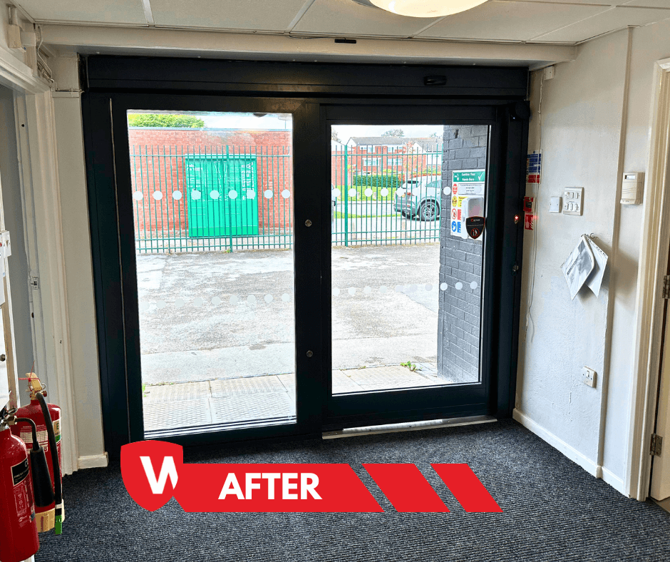 After — automatic sliding communal entrance door at Auckland Hall community centre, Solihull