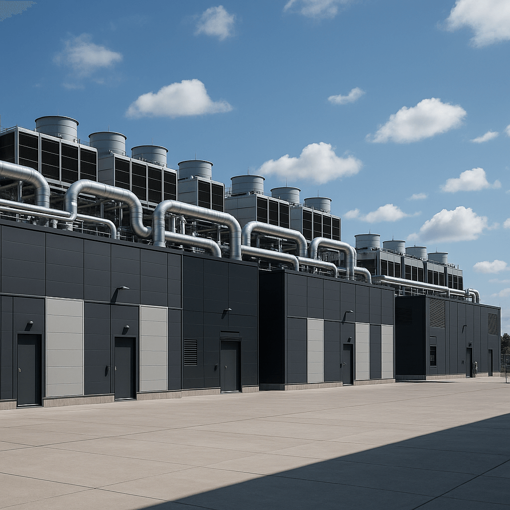 Exterior of a UK data centre facility with stainless-steel security doors — representing Warrior Doors’ protection for critical infrastructure.