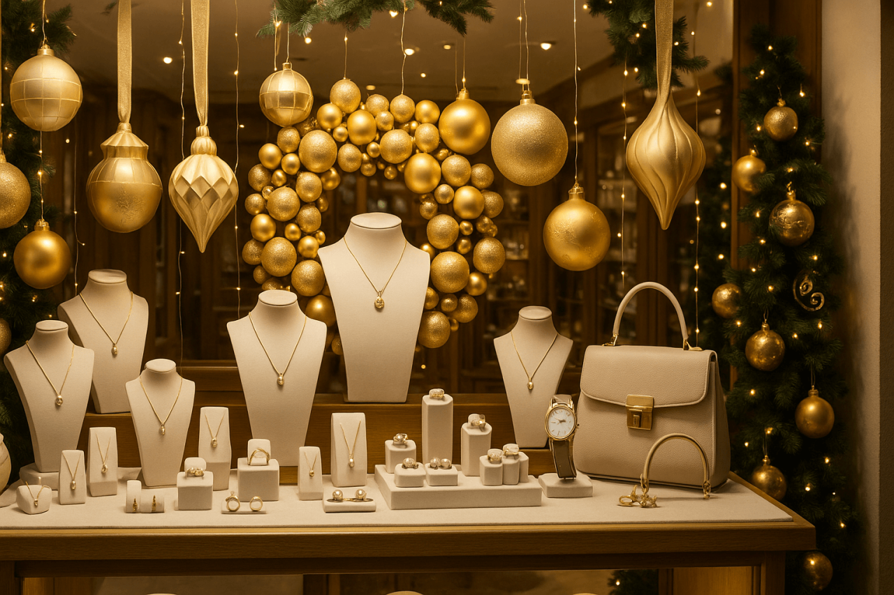 Festive high-value retail window display with jewellery and luxury accessories, highlighting the importance of shopfront security during the Christmas season.